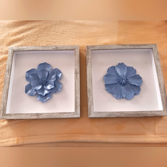 unmarked Other - Pair of framed blue ceramic flowers